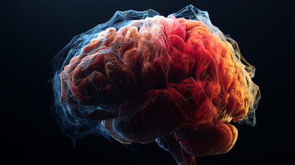 glowing, abstract representation of human brain with vibrant red and blue neural connections, symbolizing mental health, intelligence, and cognitive processes