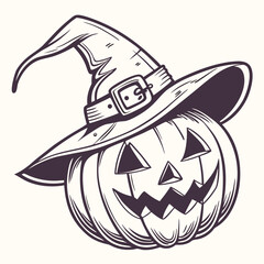 Classic Jack-o'-Lantern with Witch Hat and Glowing Face – Vintage Halloween Vector Art