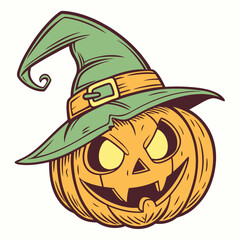 Classic Jack-o'-Lantern with Witch Hat and Glowing Face – Vintage Halloween Vector Art