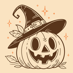 Classic Jack-o'-Lantern with Witch Hat and Glowing Face – Vintage Halloween Vector Art