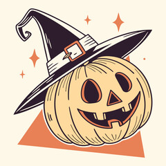Classic Jack-o'-Lantern with Witch Hat and Glowing Face – Vintage Halloween Vector Art