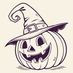 Classic Jack-o'-Lantern with Witch Hat and Glowing Face – Vintage Halloween Vector Art