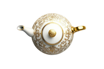Elegant gold detailed teapot perfect for afternoon tea sits on a pristine white background Subtle