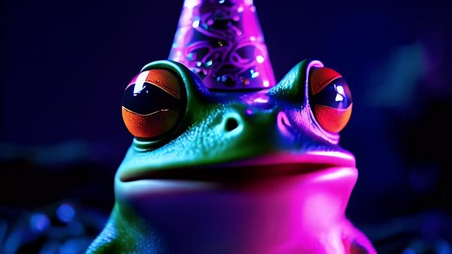 Close Up Green Frog in Neon Pink and Blue Light Wearing Party Hat