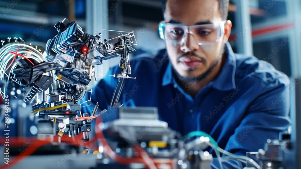 Poster the engineer and the robot: a focused engineer intently examines a complex robotic mechanism, his ga