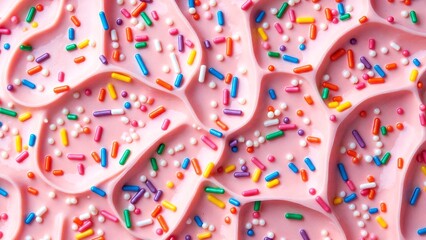 Obraz premium Creamy Pink Ice Cream with Colorful Sprinkles in a Close-Up View, Perfect for Summertime Desserts and Sweet Treats Photography