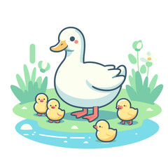 Vector illustration of mother duck with ducklings on water. Perfect for wildlife education, children's books, and spring season themes.