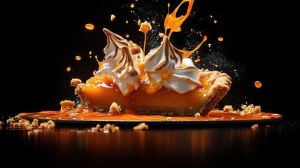 Delicious Orange Tart with Meringue and Caramel Sauce Splash