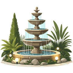 Vector illustration of decorative tiered garden fountain with surrounding plants. Perfect for landscape design or garden decor marketing.