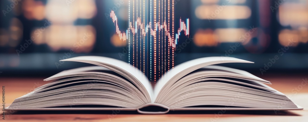 Poster open book revealing vertical digital lights chart in stock market concept. an open book with a digit