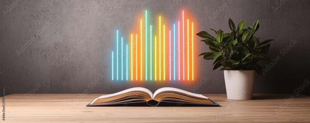 Poster open book revealing vertical digital lights chart in stock market concept. an open book with colorfu