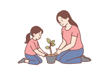 Mother and her daughter planting tree together in garden. Hand drawn style vector design illustrations.