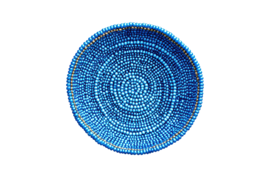 Vibrant blue beaded bowl handcrafted artisan home decor detailed circular pattern bright background