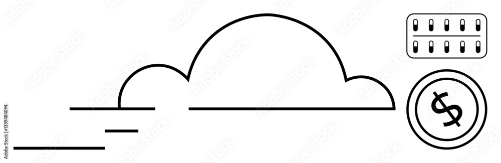 Aufkleber cloud with data transfer lines, dollar coin, and server block representing cloud storage, data manag