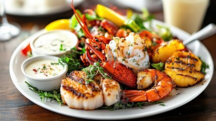 Delicious Grilled Seafood Platter with Creamy Dips and Fresh Herbs