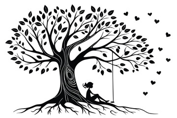 88 Black and white illustration, intricate tree silhouette, heart-shaped branches, leaves floating away, roots visible, small figure sitting beneath tree, symbolic artwork, delicate linework, nature-i