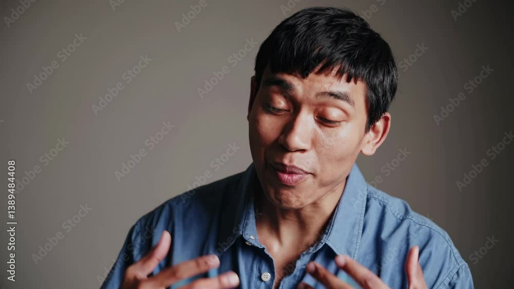 Poster a close-up video captures a person speaking with expressive gestures, set against a neutral backgrou