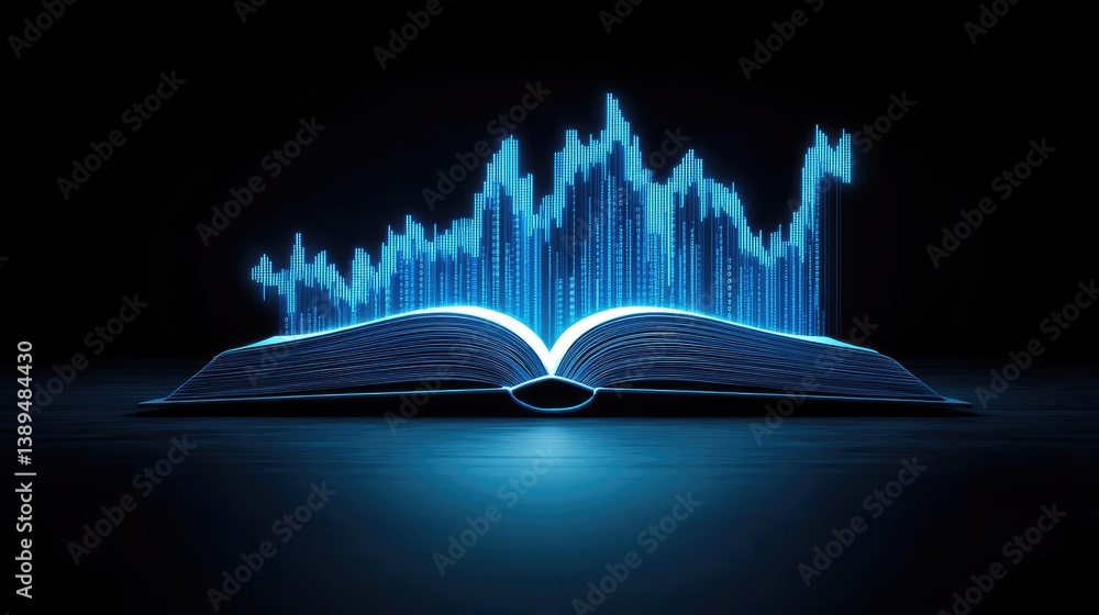 Poster open book revealing vertical digital lights chart in stock market concept. an open book with a glowi