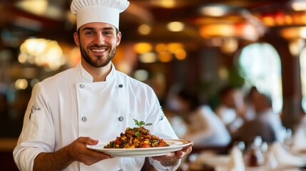 Happy Chef Holding Plate of Delicious Food at Restaurant Setting
