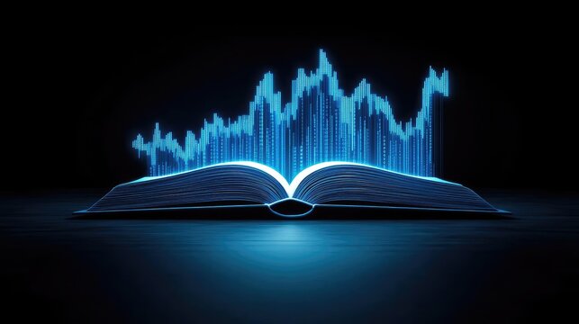 Open book revealing vertical digital lights chart in stock market concept. An open book with a glowing graph symbolizing data analysis.