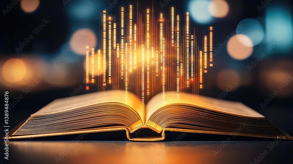 Poster open book revealing vertical digital lights chart in stock market concept. an open book with digital