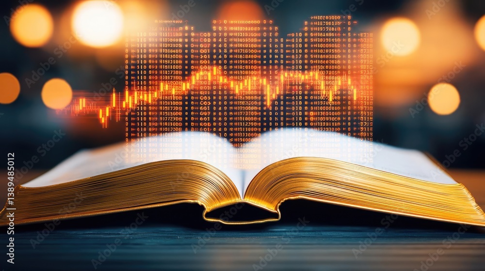 Poster open book revealing vertical digital lights chart in stock market concept. an open book with a glowi