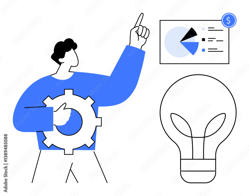 Poster man with gear analyzing profitability chart and pointing at ideas, symbolized by the lightbulb. idea