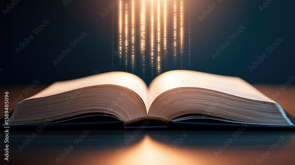 Poster open book revealing vertical digital lights chart in stock market concept. an open book with light r