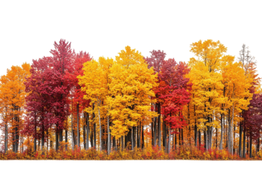 Vibrant autumn forest scene showcasing fiery red and golden yellow trees against a bright white