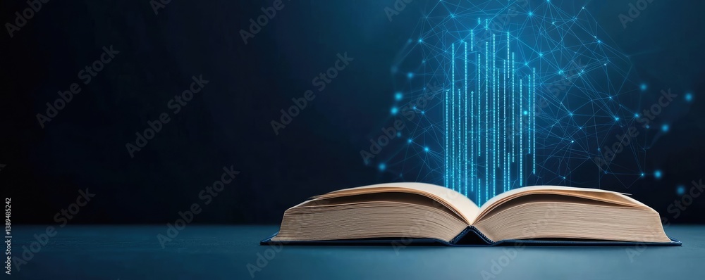 Poster open book with vertical digital lights chart in historical finance concept. an open book glowing wit