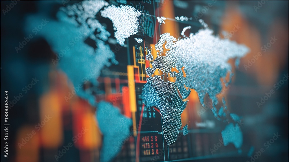 Poster global world map with double exposure effect and data overlay