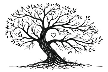89 Black and white illustration, heart-shaped tree, intricate branches, symmetrical design, roots visible, bare tree, silhouette style, romantic symbolism, nature-inspired artwork, delicate linework, 