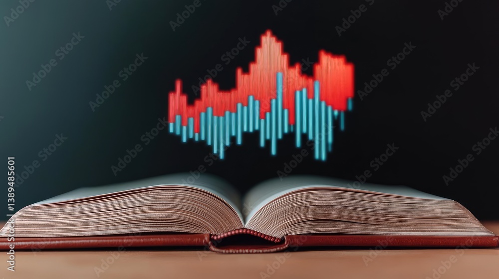 Poster open book revealing vertical digital lights chart in stock market concept. an open book with audio w
