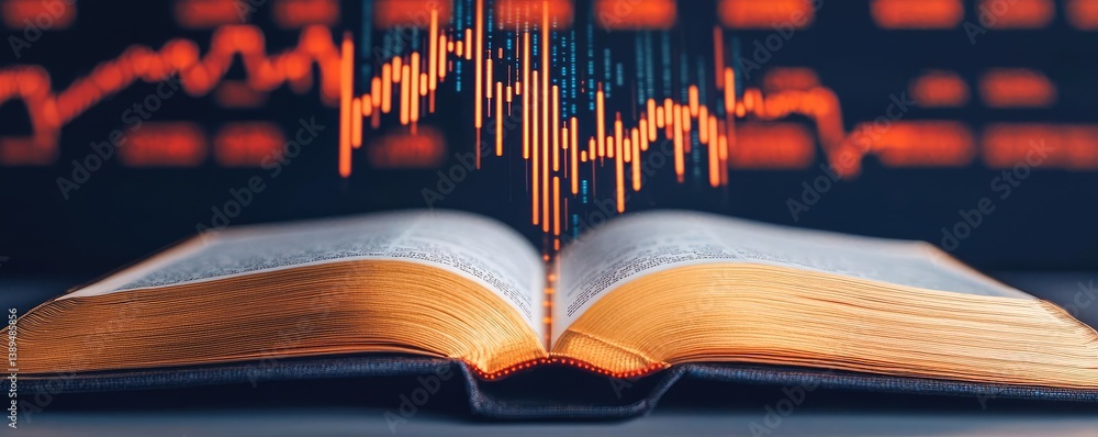 Poster open book revealing vertical digital lights chart in stock market concept. open book with sound wave