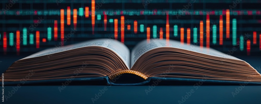 Aufkleber open book revealing vertical digital lights chart in stock market concept. an open book with financi