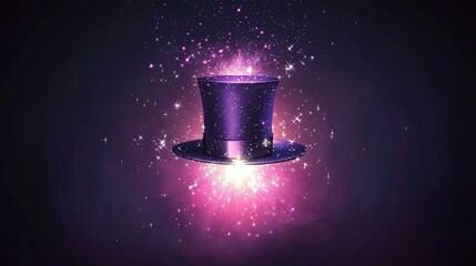 Purple top hat surrounded by magical sparkles and light
