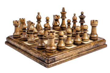 A classic wooden chess set ready for a strategic game showing all pieces on a rich brown board with