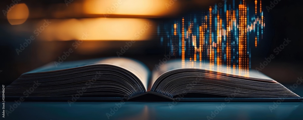 Poster open book with contemporary vertical digital lights stock chart concept. an open book with glowing t