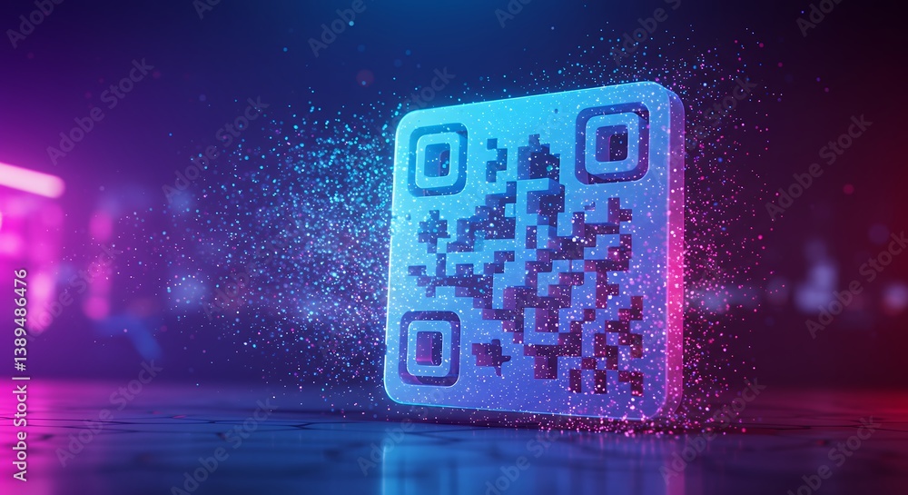 Poster digital qr code technology glowing in blue and pink light with particle effects for modern business 