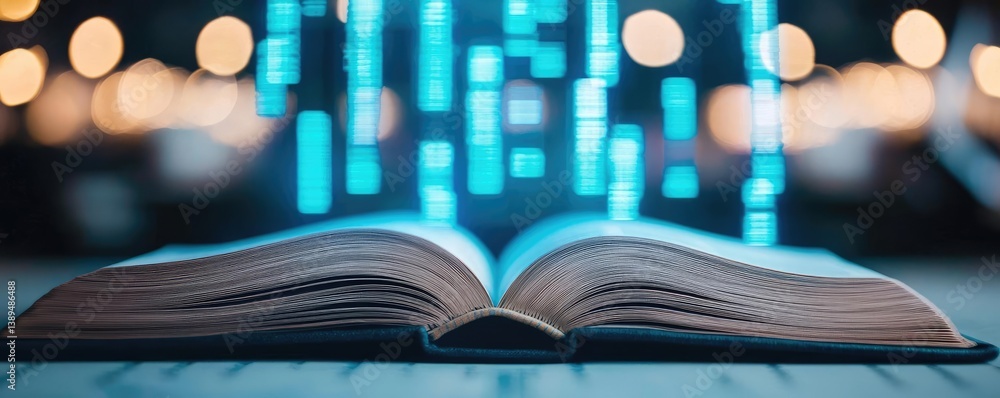 Poster open book revealing vertical digital lights chart in stock market concept. an open book with digital