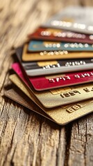 Several credit cards fanned out on a wood surface - payment wealth freedom options money