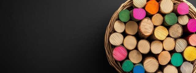 Colorful Wooden Sticks in a Basket on a Black Surface