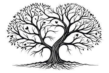 89 Black and white illustration, heart-shaped tree, intricate branches, symmetrical design, roots visible, bare tree, silhouette style, romantic symbolism, nature-inspired artwork, delicate linework, 