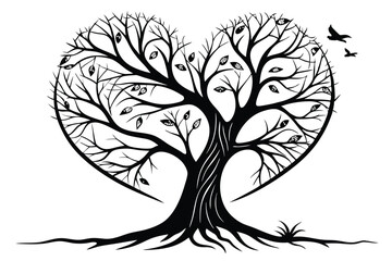 89 Black and white illustration, heart-shaped tree, intricate branches, symmetrical design, roots visible, bare tree, silhouette style, romantic symbolism, nature-inspired artwork, delicate linework, 