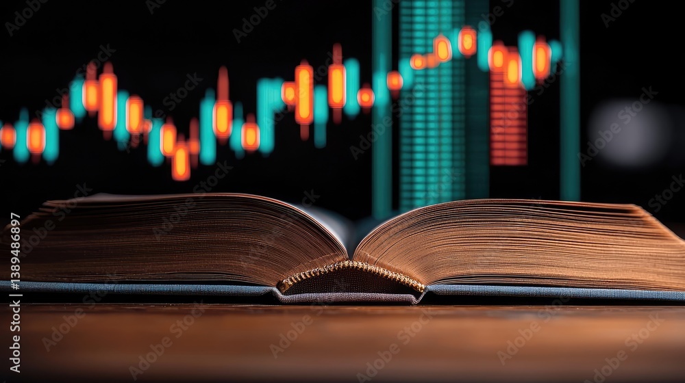 Poster open book with vertical digital lights chart in historical finance concept. open book on table with 