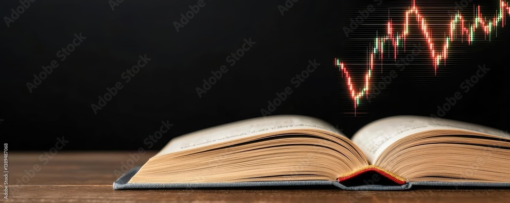 Poster open book with contemporary vertical digital lights stock chart concept. an open book with a rising 