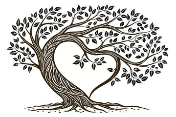 90 Heart-shaped tree, lush green foliage, intertwined trunks, symbolic love, nature illustration, white background, botanical art, detailed leaves, twisted branches, romantic concept, environmental lo
