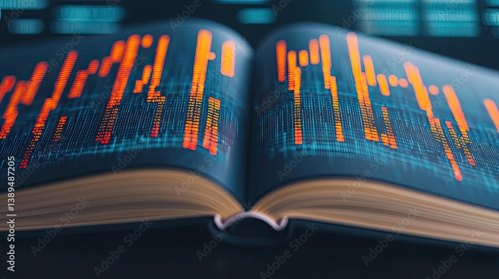 Poster open book revealing vertical digital lights chart in stock market concept. open book displaying colo