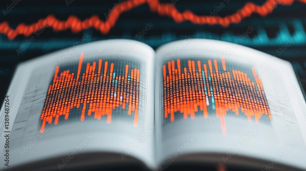 Poster open book revealing vertical digital lights chart in stock market concept. a financial book open wit