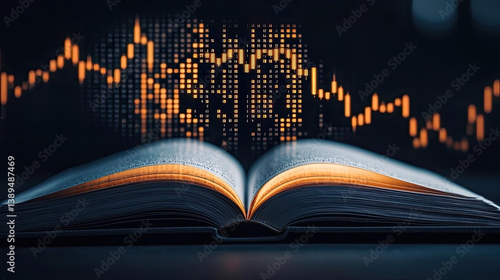 Aufkleber open book revealing vertical digital lights chart in stock market concept. open book with digital fi